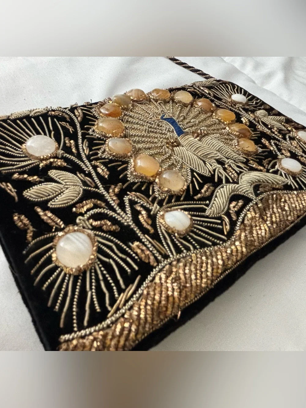 Embroidered Black Velvet Peacock Shoulder Bag/Clutch w/Accent Stones, VGUC